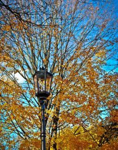 Wellsboro, Pennsylvania fall colors rise above its signature gas lights