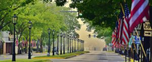 Wellsboro Main Street lined with American flags