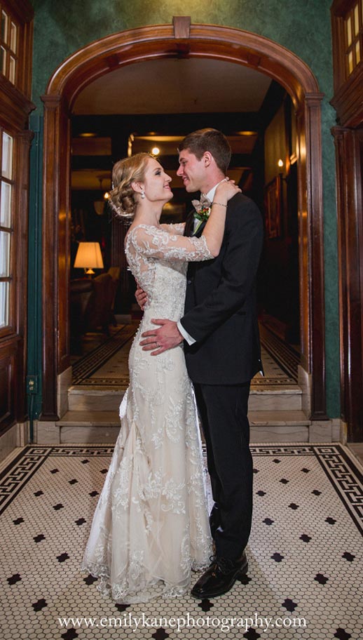 A bride and groom in wedding attire