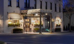 Historic hotel entrance at night