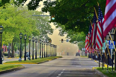 Small town main street decorated with American flags